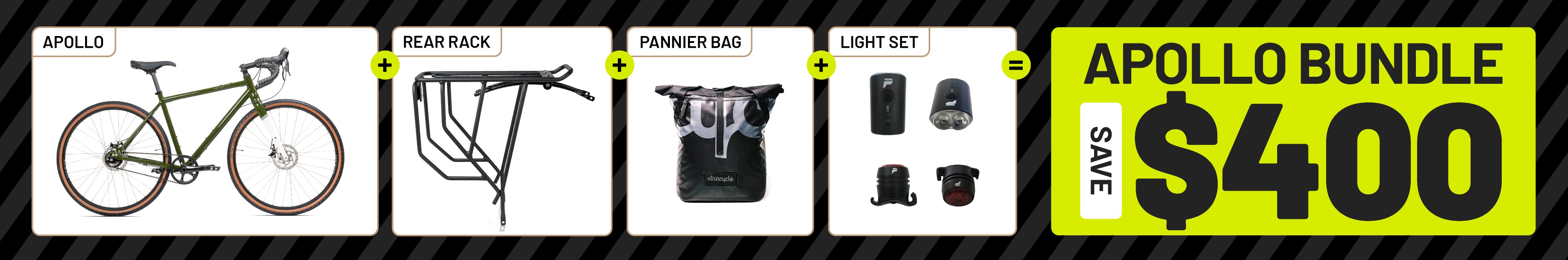 Priority Bicycles Apollo Commuter Bundle. Includes Priority Apollo Gravel, 174HUDSON Rear Rack, Everyday BikePack Pannier Backpack, and Priority Light Set.